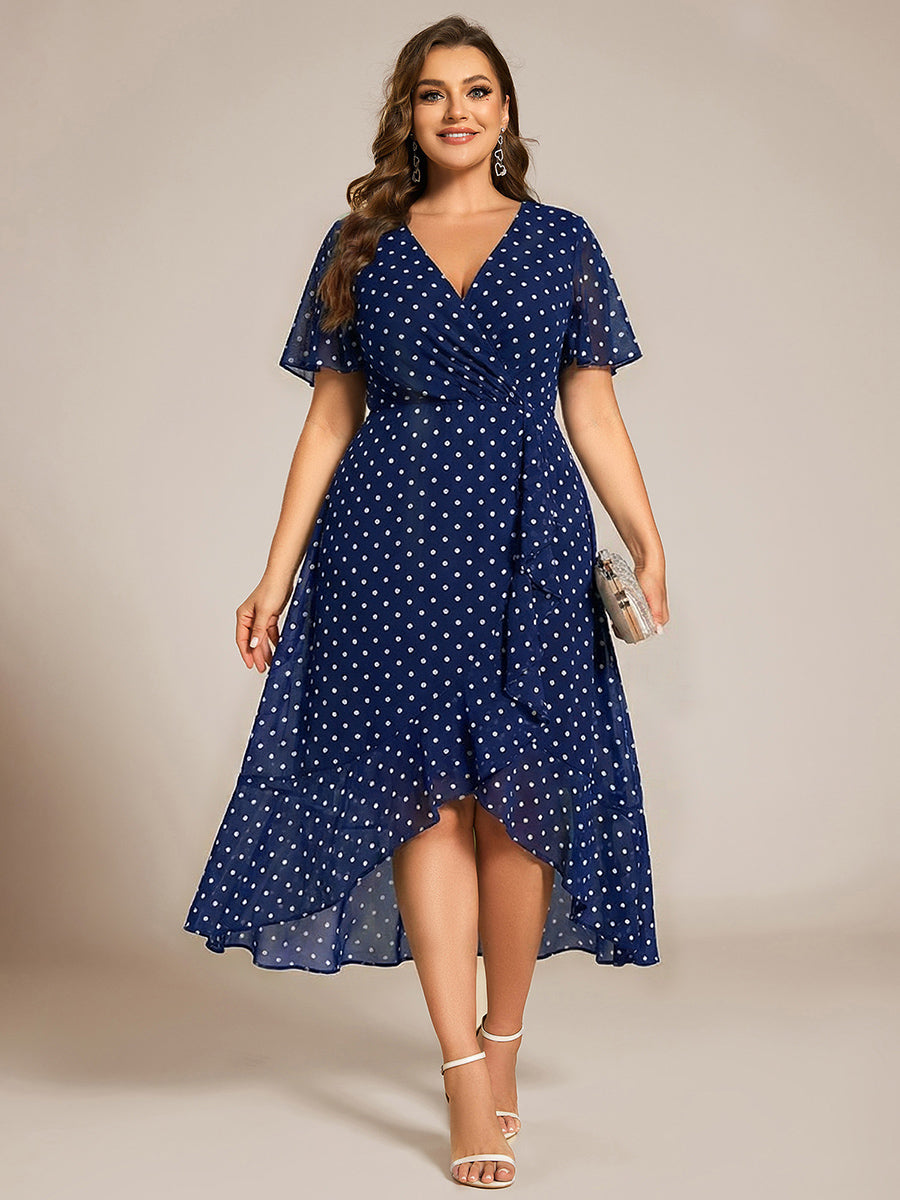 Plus Size Chiffon Short Sleeves Pleated V-Neck A-Line Midi Wedding Guest Dress #color_Navy Blue Polka Dots