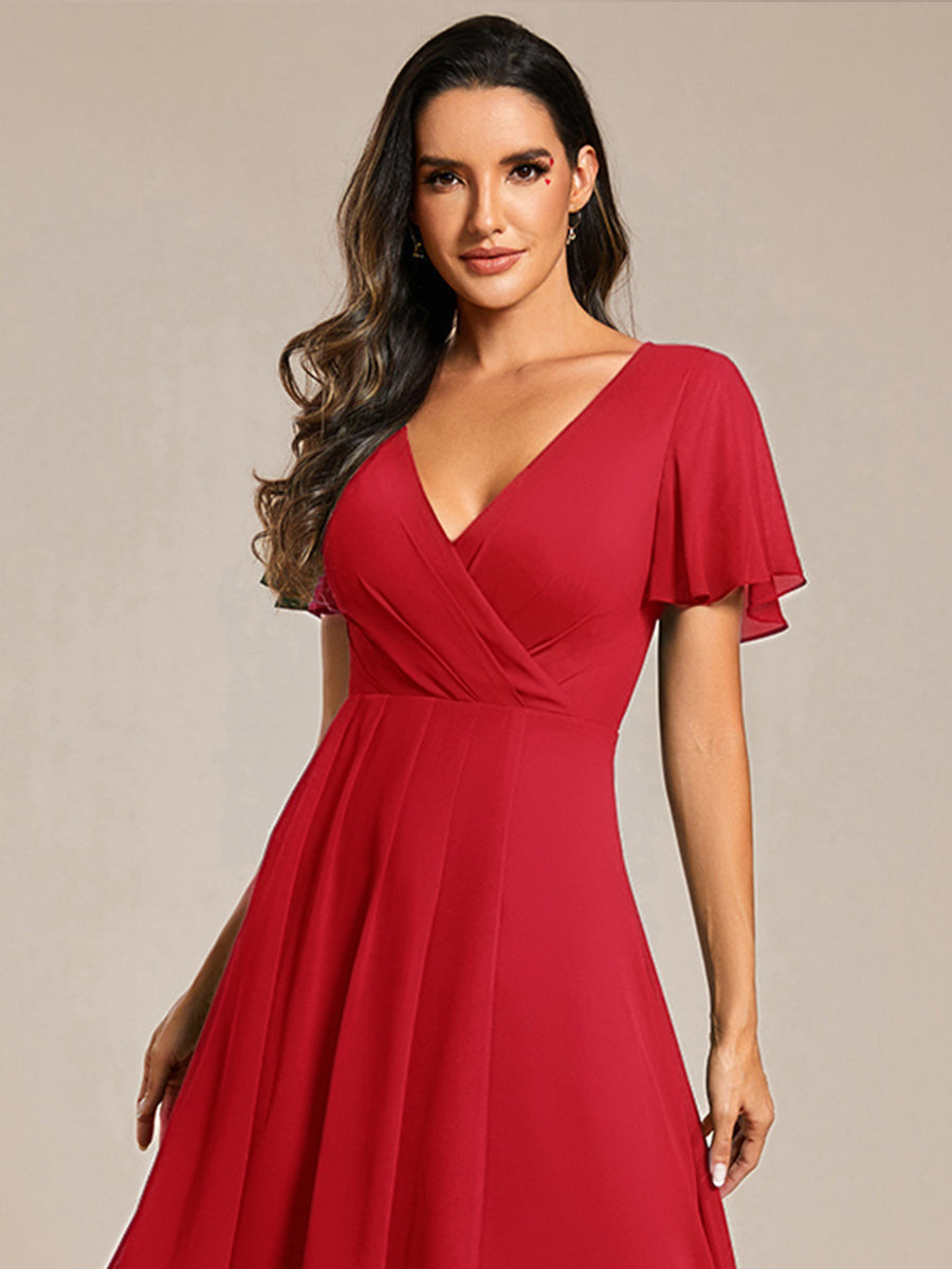 Deep V-Neck Chiffon Ruffle Sleeve Wedding Guest Dress #color_Red
