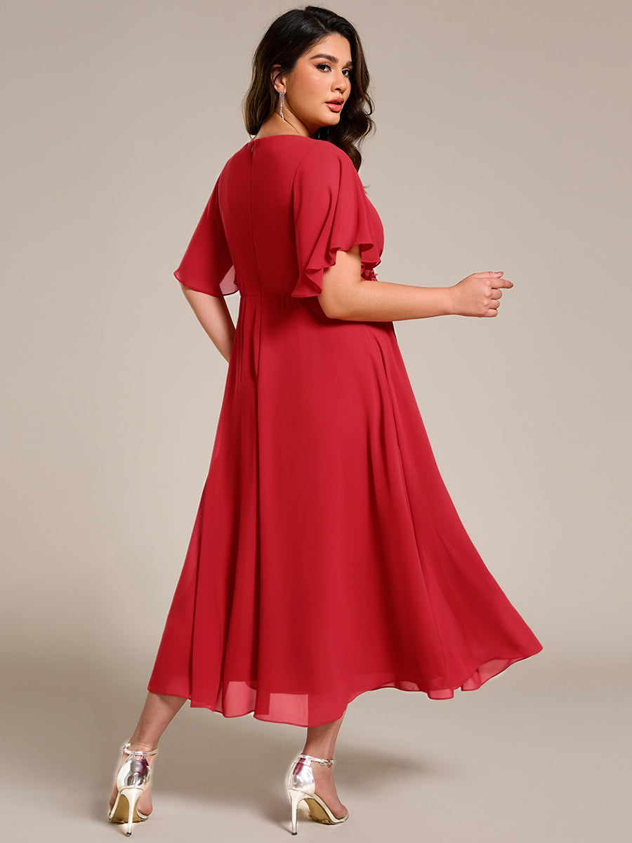Short Sleeves V-Neck Tea Length Wedding Guest Dress with Floral Applique #color_Red