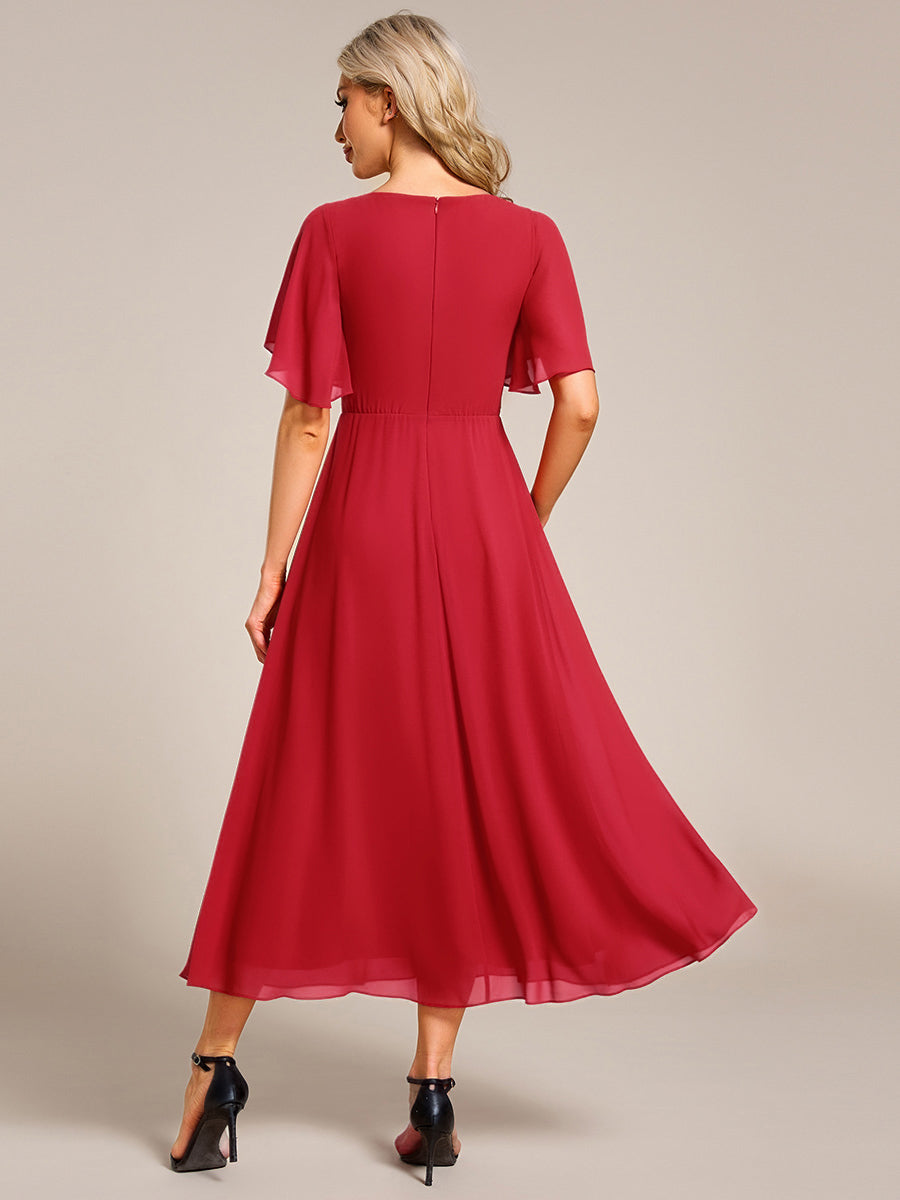 Short Sleeves V-Neck Tea Length Wedding Guest Dress with Floral Applique #color_Red