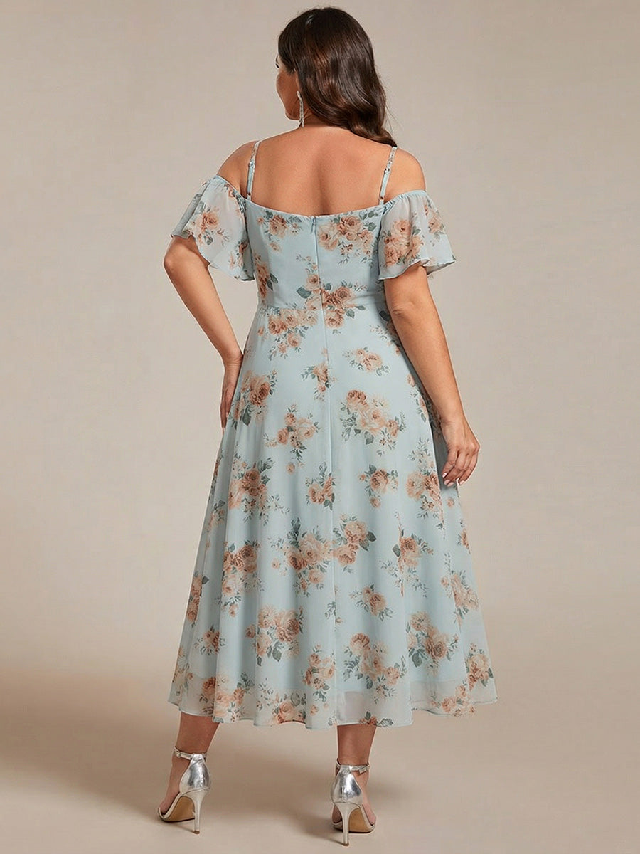Plus Size Cold Shoulder Sweetheart Necklin Chiffon Midi Wedding Guest Dress #color_Amber Bloom