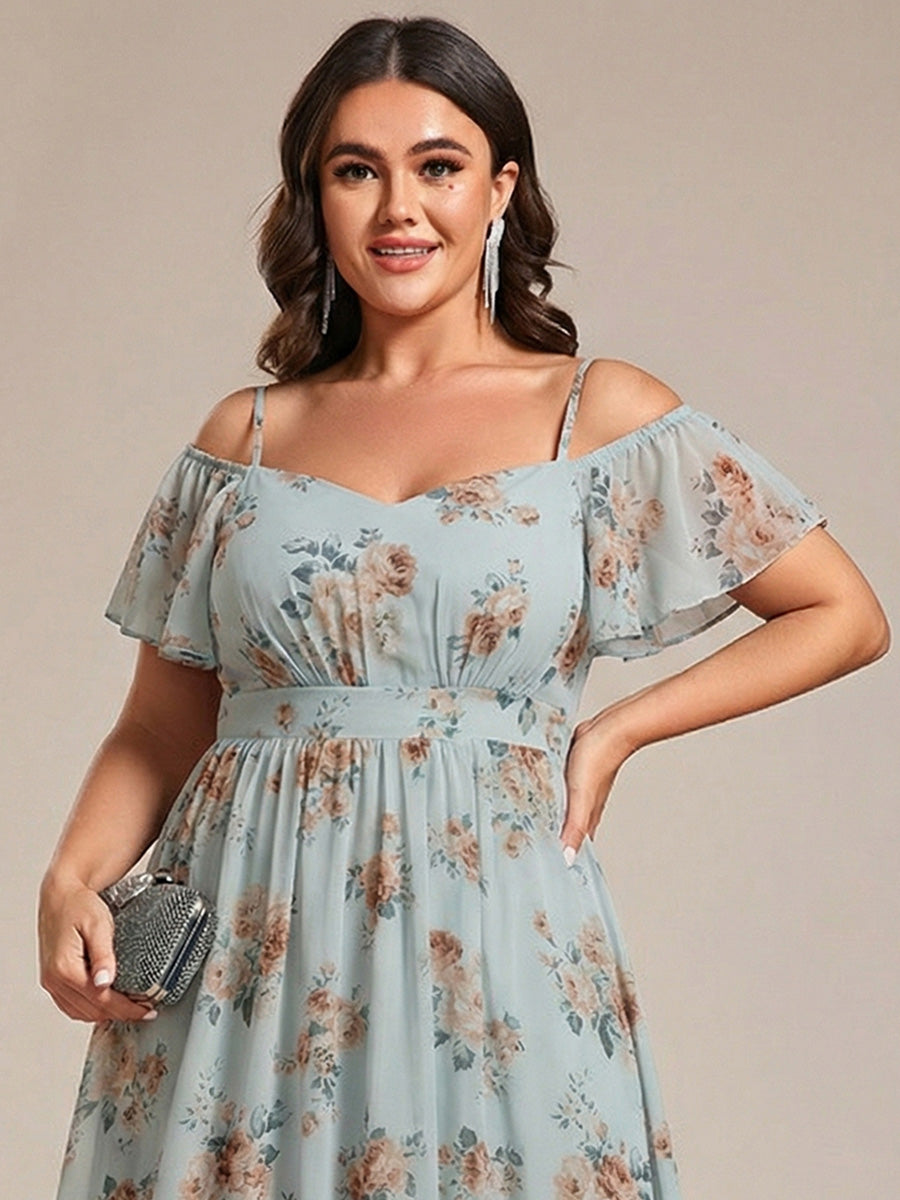 Plus Size Cold Shoulder Sweetheart Necklin Chiffon Midi Wedding Guest Dress #color_Amber Bloom