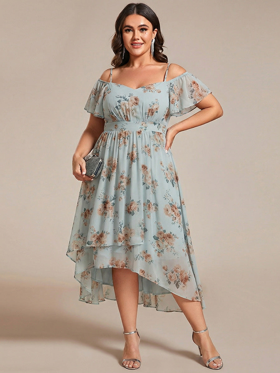 Plus Size Cold Shoulder Sweetheart Necklin Chiffon Midi Wedding Guest Dress #color_Amber Bloom