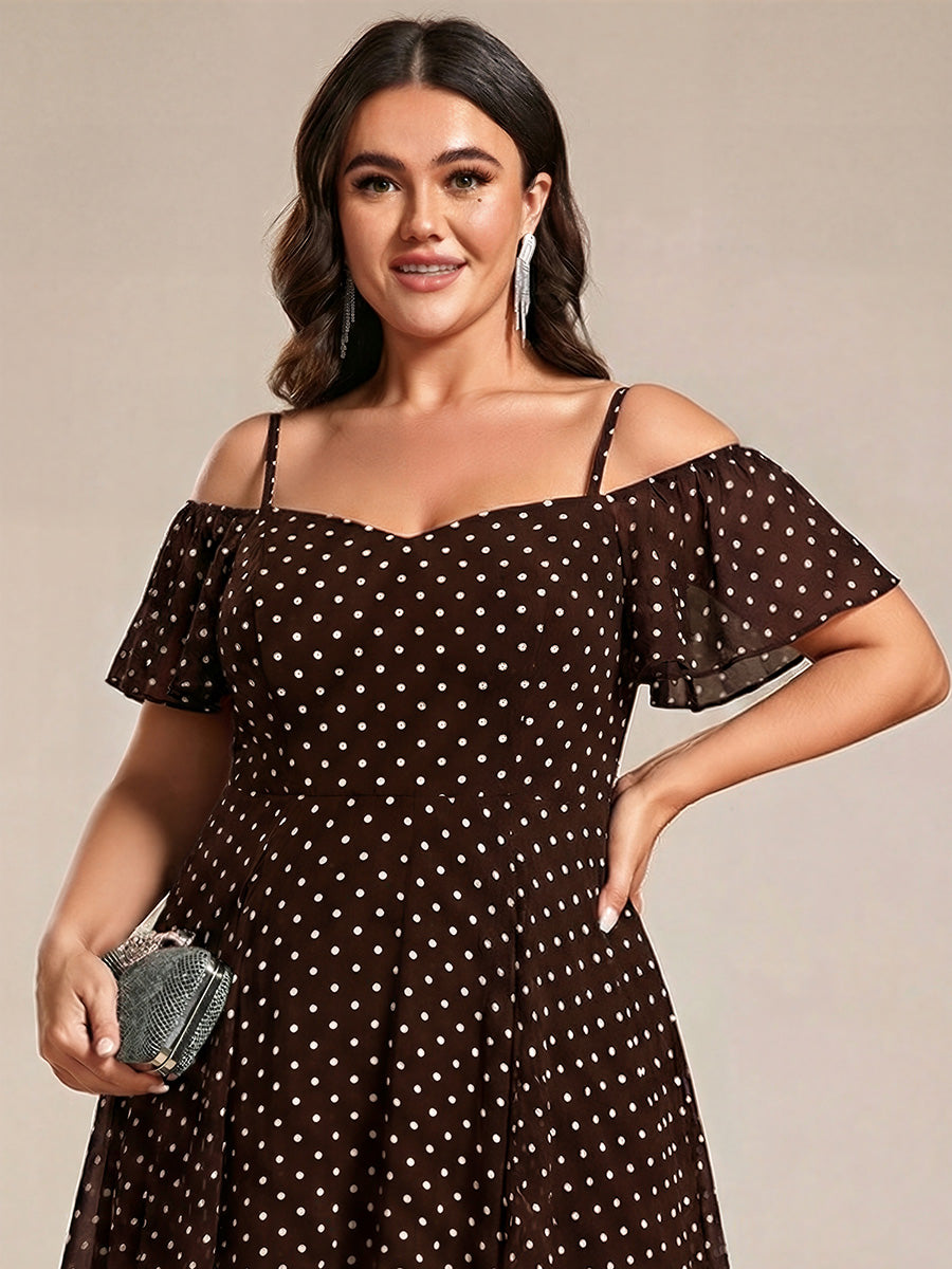Spaghetti Strap Cold Shoulder Chiffon A-Line Midi Wedding Guest Dress #color_Brown Polka Dots
