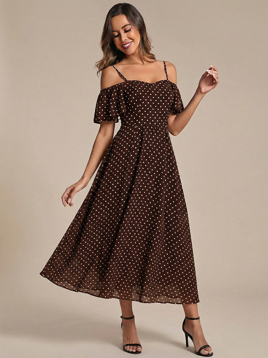 Spaghetti Strap Cold Shoulder Chiffon A-Line Midi Wedding Guest Dress #color_Brown Polka Dots