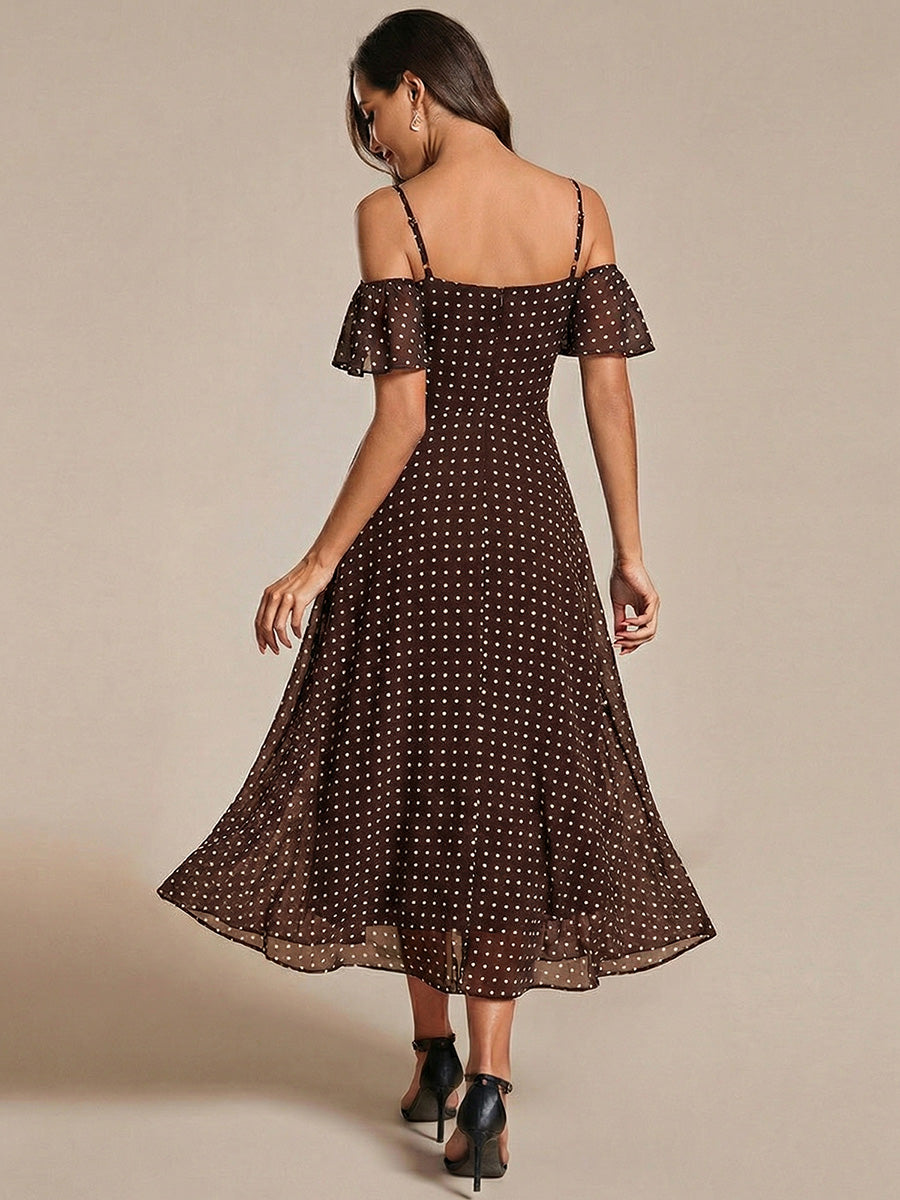 Spaghetti Strap Cold Shoulder Chiffon A-Line Midi Wedding Guest Dress #color_Brown Polka Dots