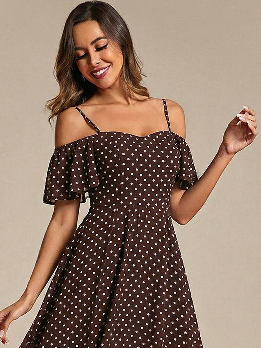 Spaghetti Strap Cold Shoulder Chiffon A-Line Midi Wedding Guest Dress #color_Brown Polka Dots