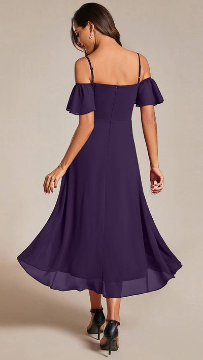 Spaghetti Strap Cold Shoulder Chiffon A-Line Midi Wedding Guest Dress #color_Dark Purple
