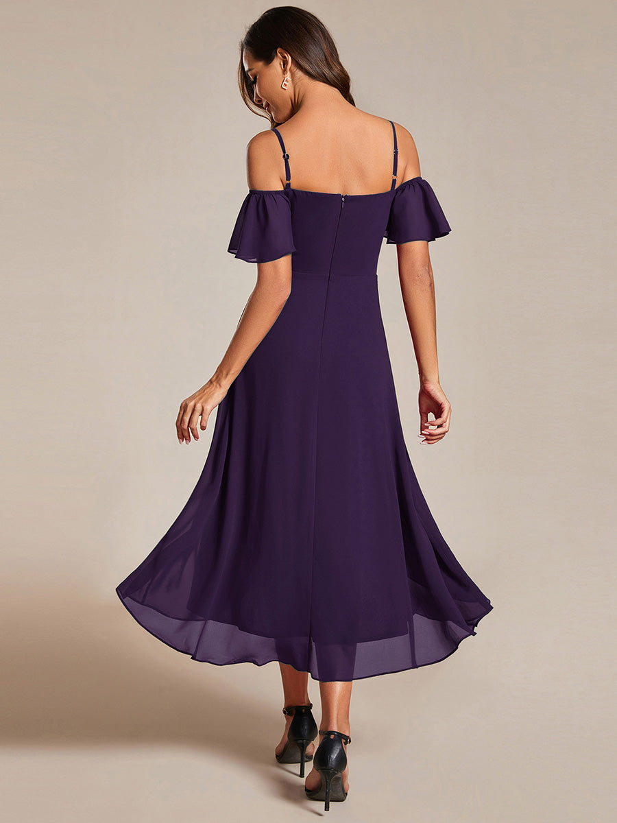 Spaghetti Strap Cold Shoulder Chiffon A-Line Midi Wedding Guest Dress #color_Dark Purple