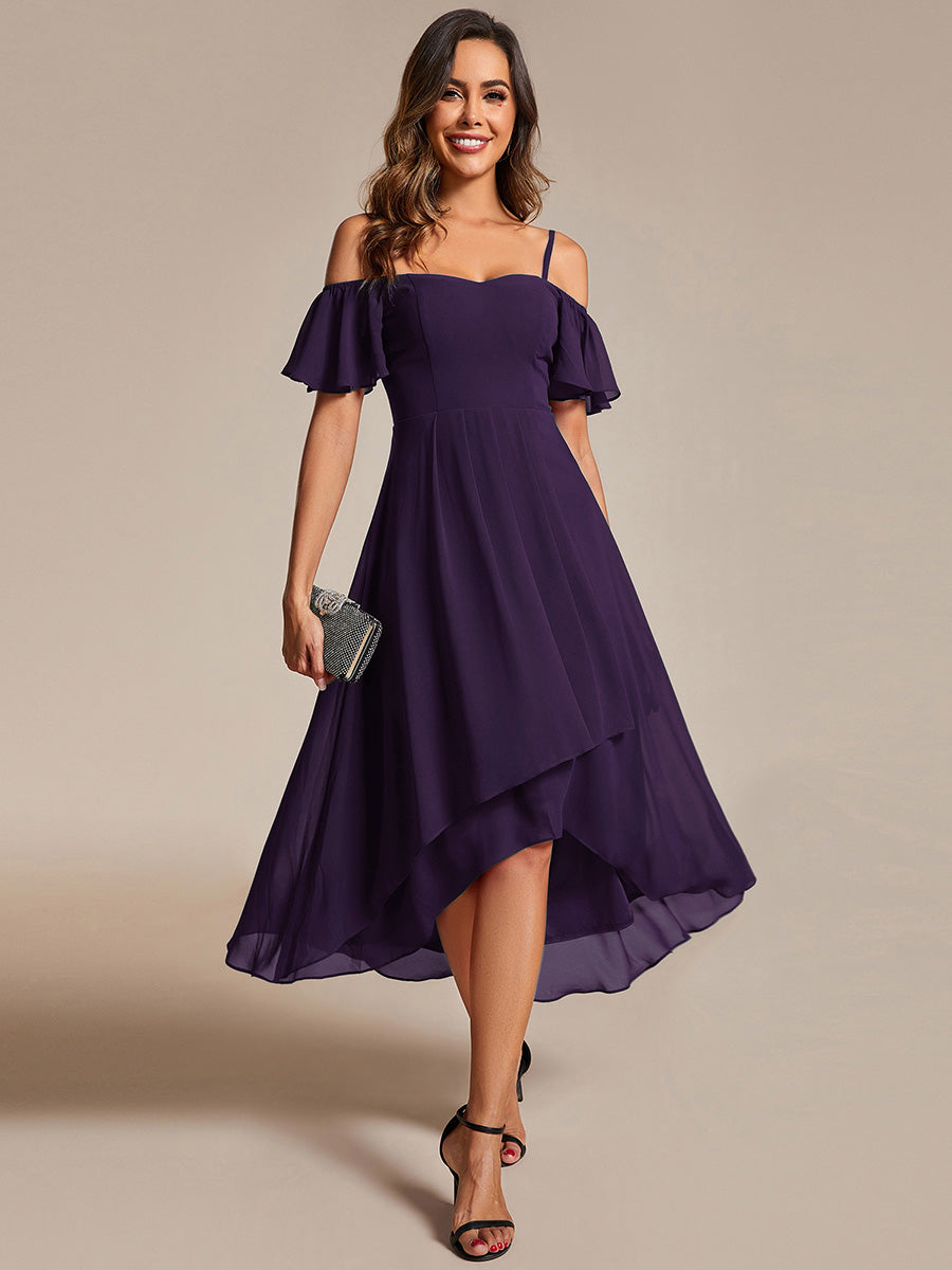 Spaghetti Strap Cold Shoulder Chiffon A-Line Midi Wedding Guest Dress #color_Dark Purple