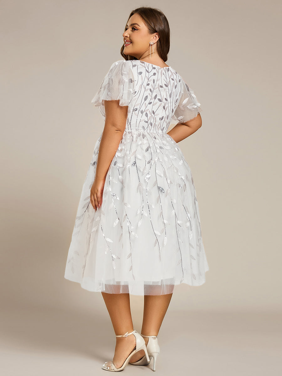 Short Sleeves Leaf Sequin A-Line Midi Formal Wedding Guest Dress #color_White