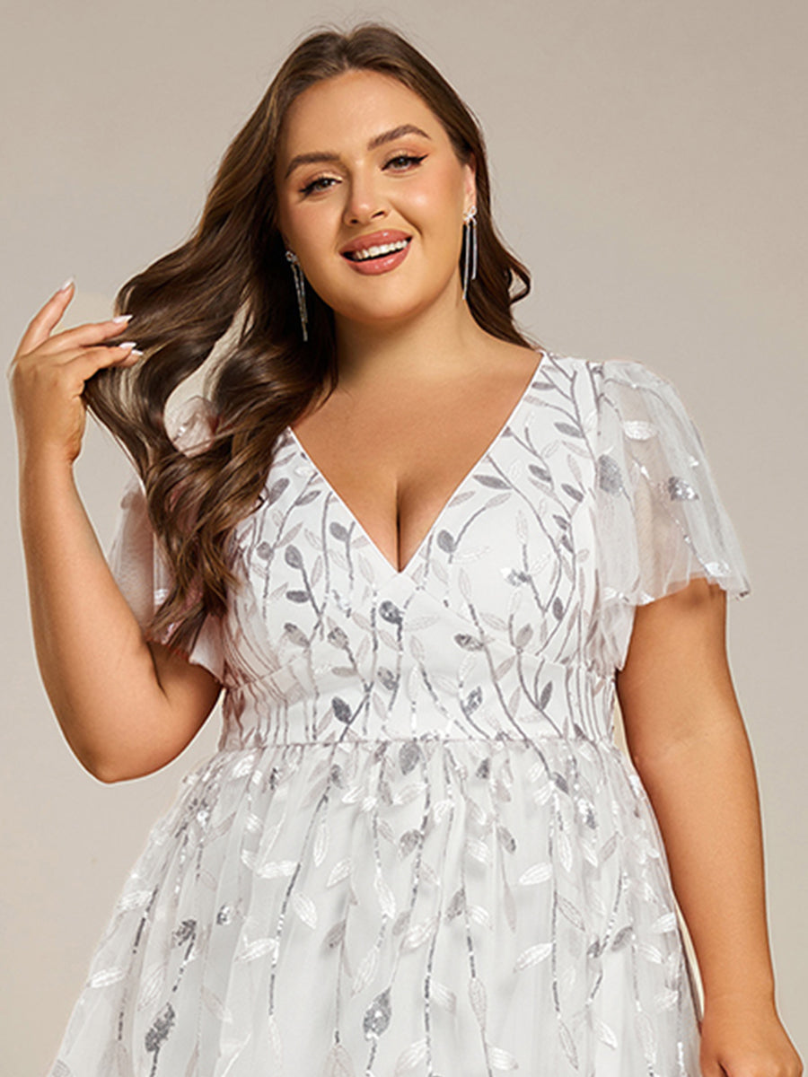 Short Sleeves Leaf Sequin A-Line Midi Formal Wedding Guest Dress #color_White