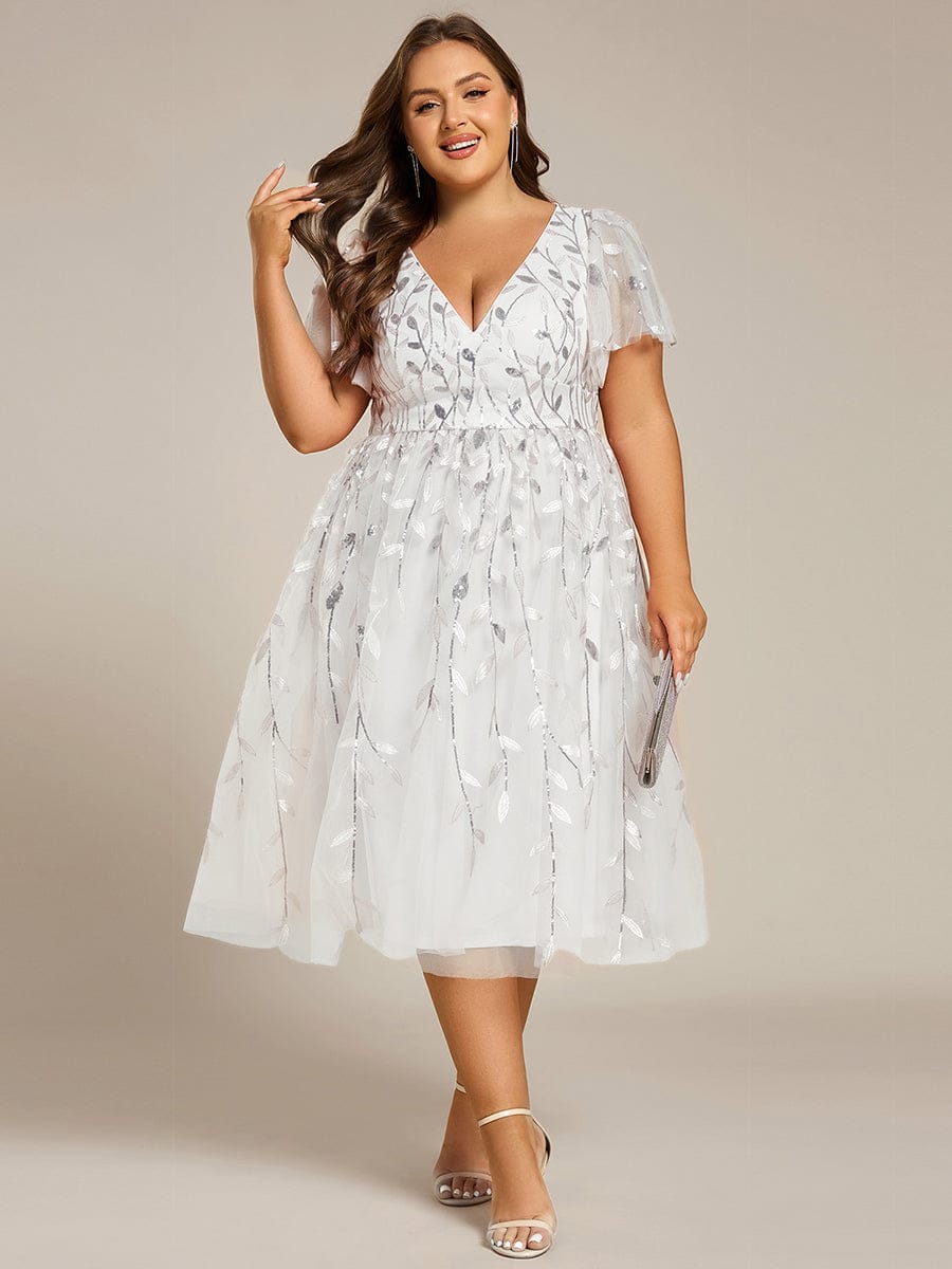 Short Sleeves Leaf Sequin A-Line Midi Formal Wedding Guest Dress #color_White