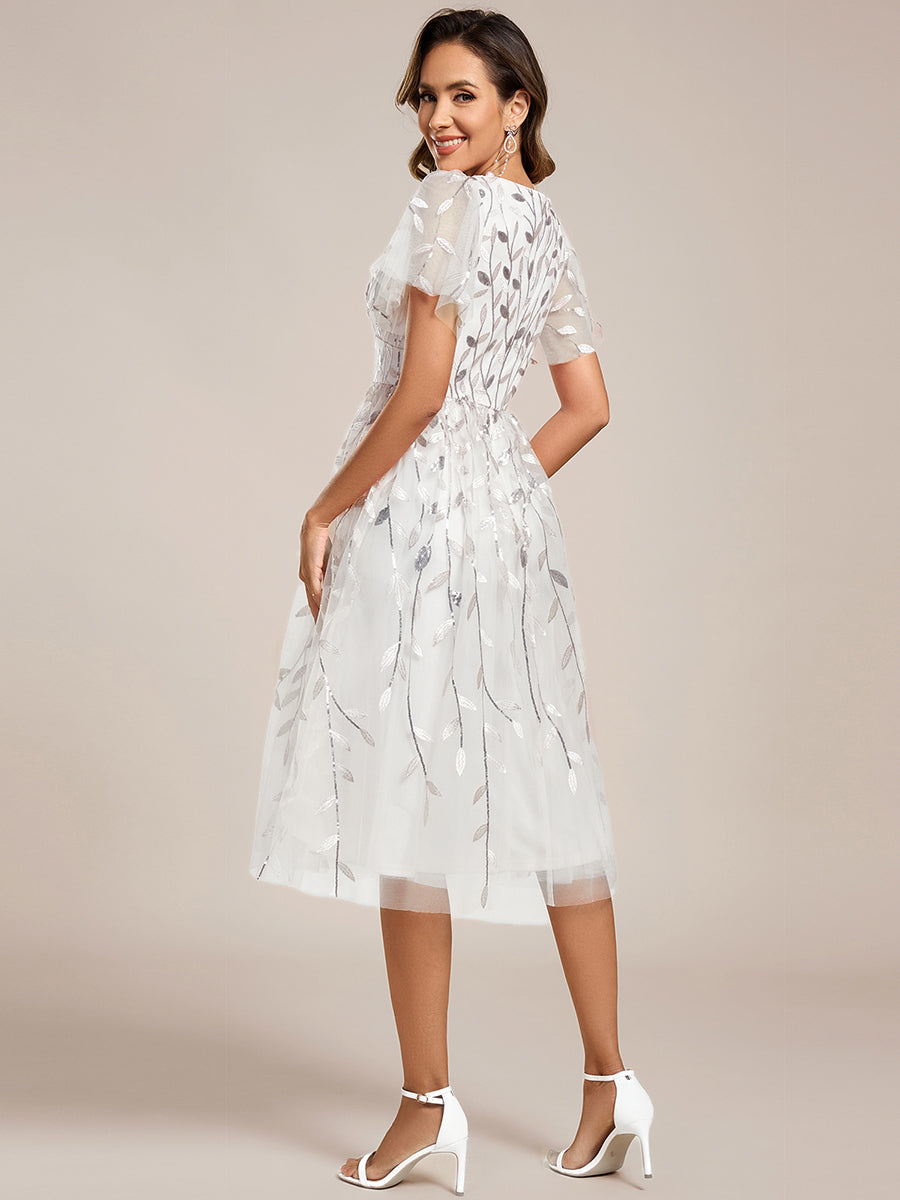 Short Sleeves Leaf Sequin A-Line Midi Formal Wedding Guest Dress #color_White