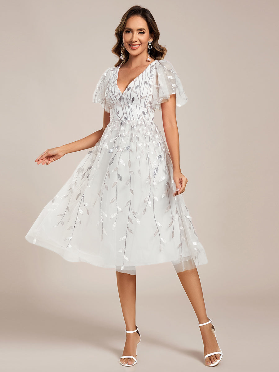 Short Sleeves Leaf Sequin A-Line Midi Formal Wedding Guest Dress #color_White