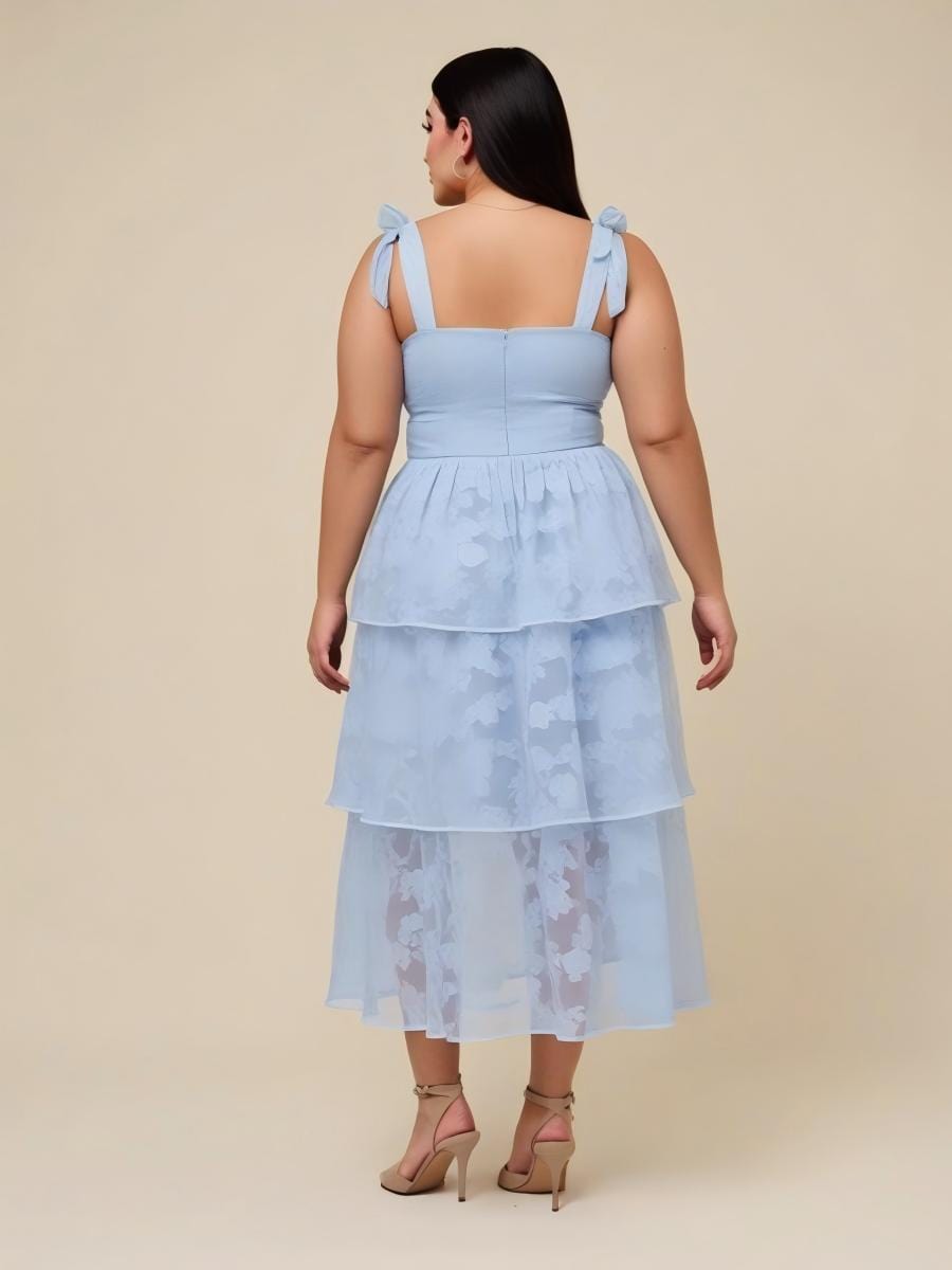 Bow Straps Floral Lace Tiered Wedding Guest Dresses #color_Ice Blue