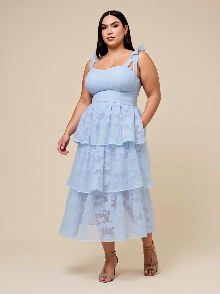 Bow Straps Floral Lace Tiered Wedding Guest Dresses #color_Ice Blue