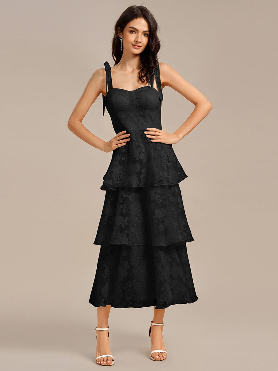 Bow Straps Floral Lace Tiered Wedding Guest Dresses #color_Black