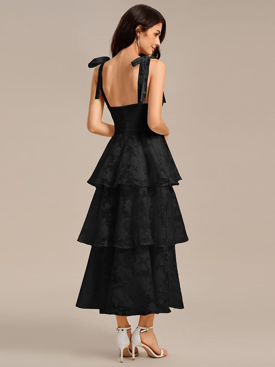 Bow Straps Floral Lace Tiered Wedding Guest Dresses #color_Black