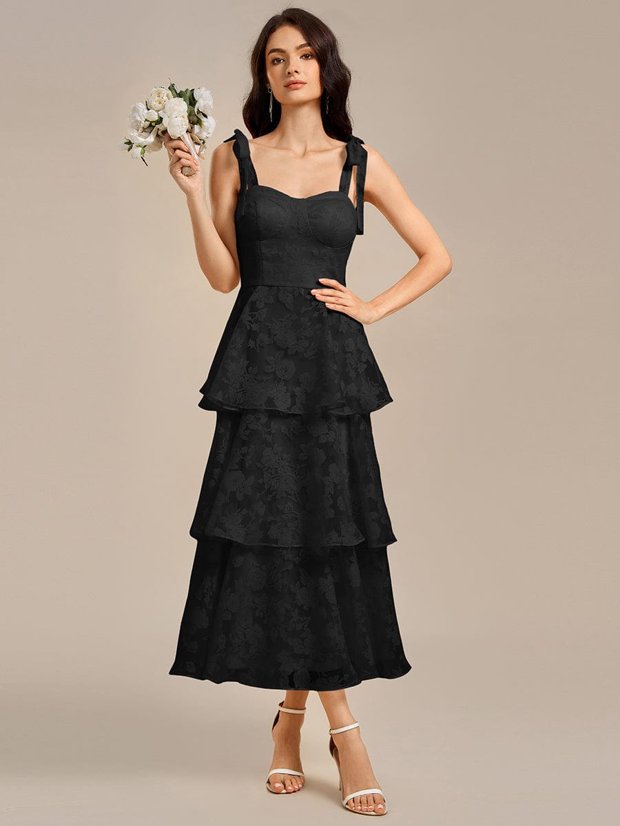 Bow Straps Floral Lace Tiered Wedding Guest Dresses #color_Black