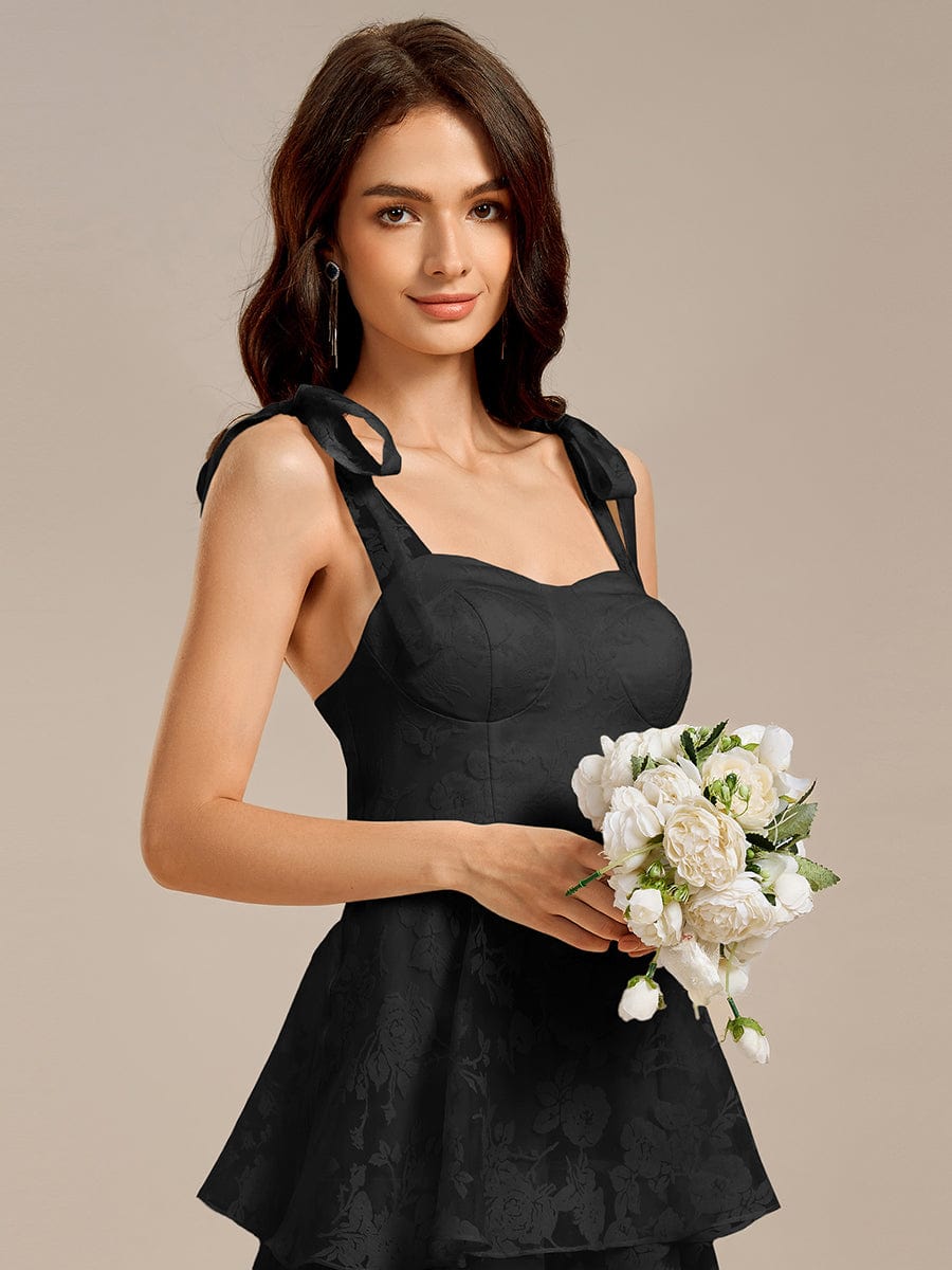 Bow Straps Floral Lace Tiered Wedding Guest Dresses #color_Black