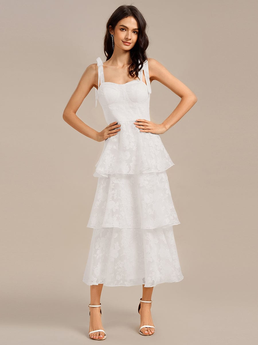 Bow Straps Floral Lace Tiered Wedding Guest Dresses #color_Cream