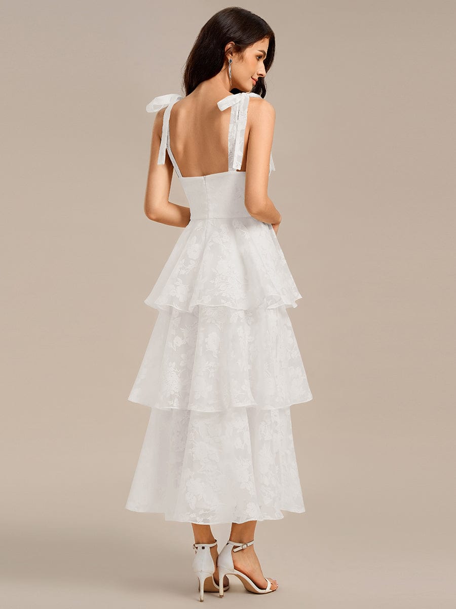 Bow Straps Floral Lace Tiered Wedding Guest Dresses #color_Cream
