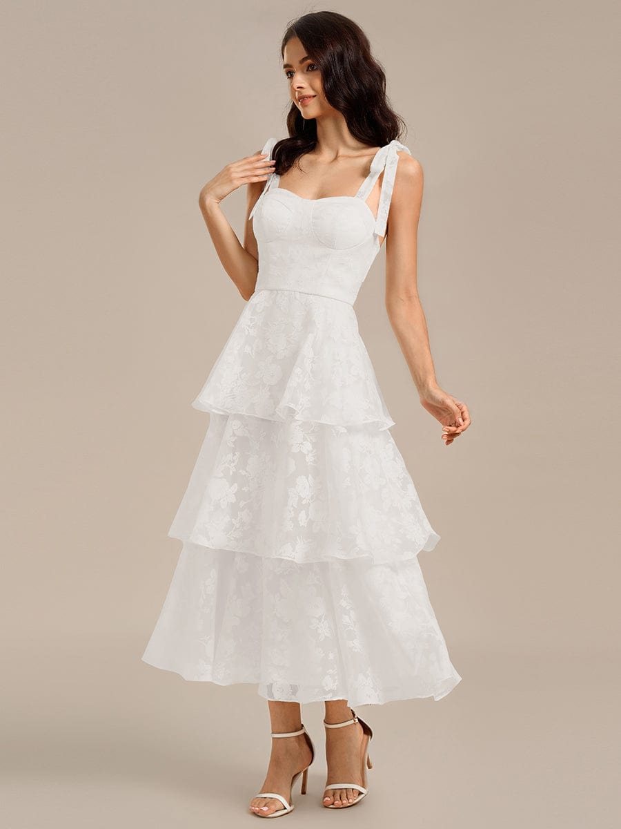 Bow Straps Floral Lace Tiered Wedding Guest Dresses #color_Cream