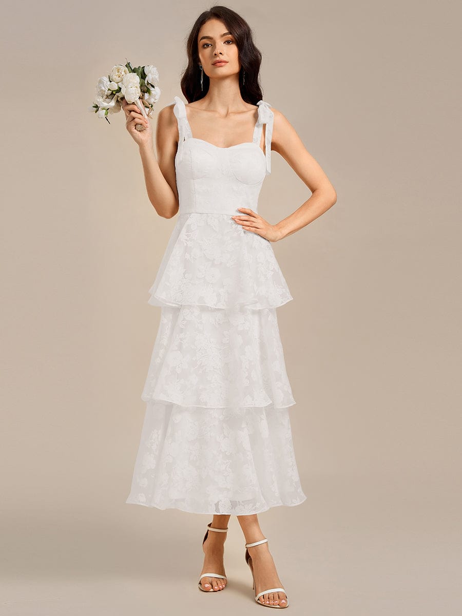 Bow Straps Floral Lace Tiered Wedding Guest Dresses #color_Cream