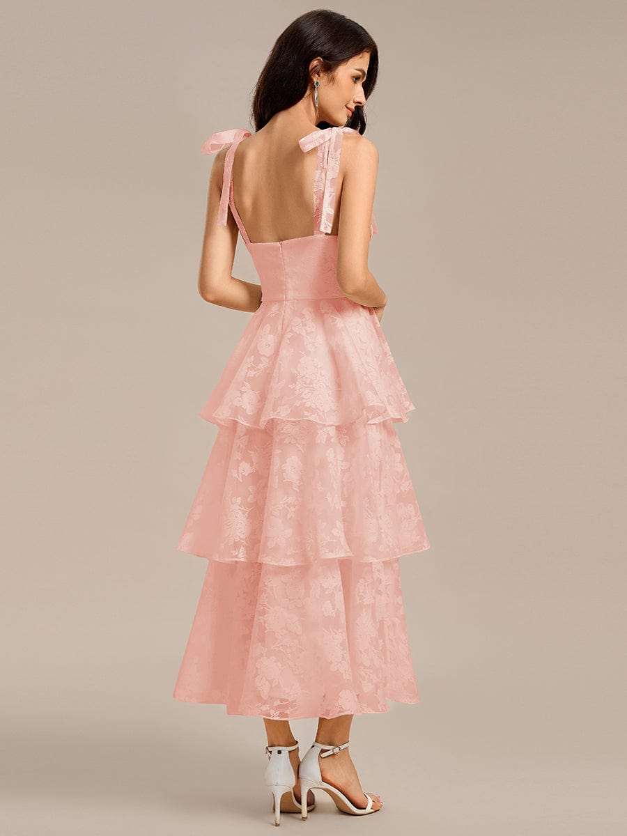 Bow Straps Floral Lace Tiered Wedding Guest Dresses #color_Pink