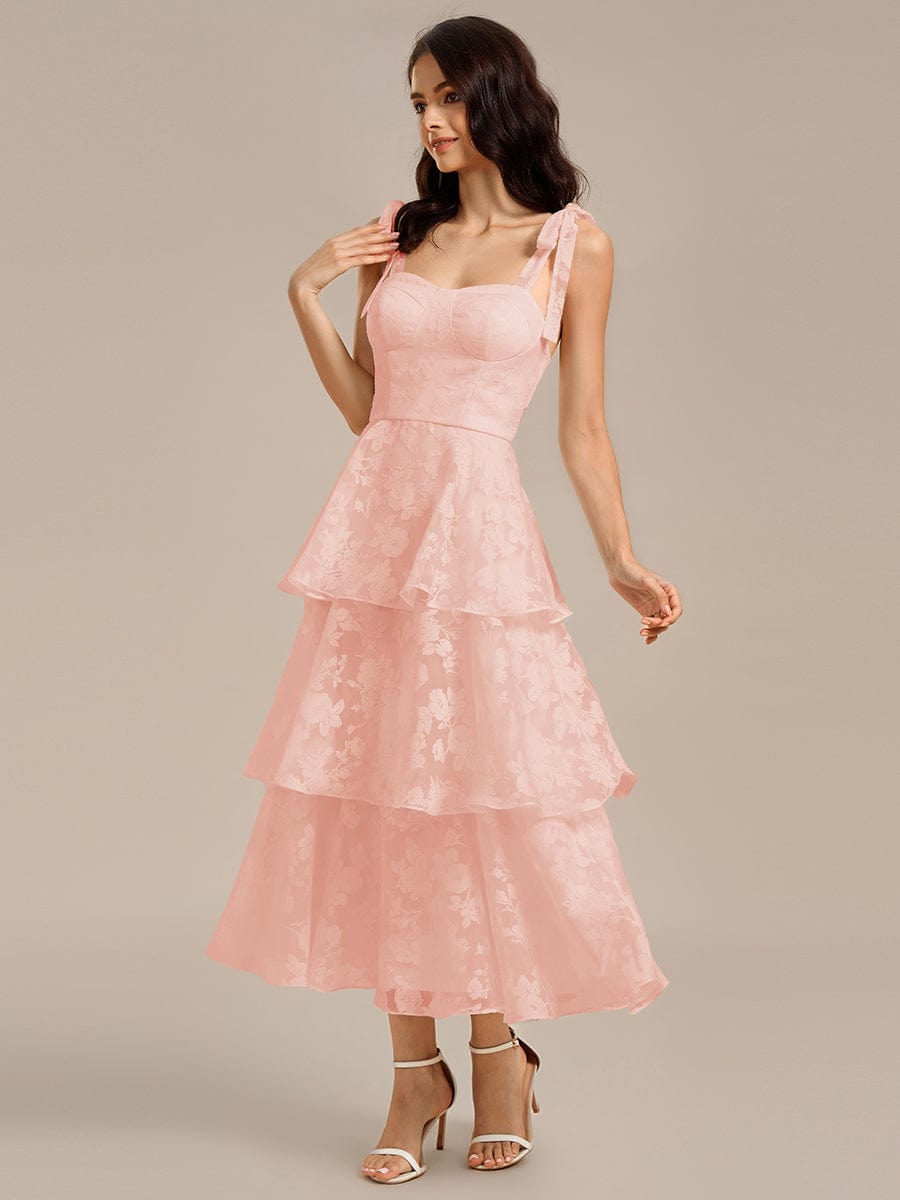 Bow Straps Floral Lace Tiered Wedding Guest Dresses #color_Pink