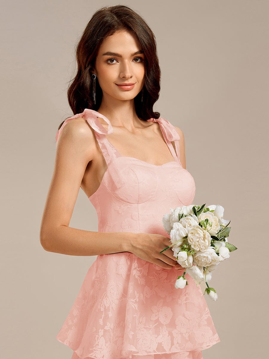 Bow Straps Floral Lace Tiered Wedding Guest Dresses #color_Pink
