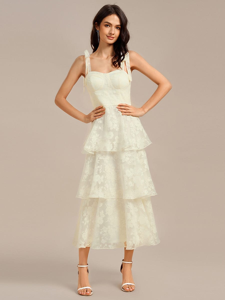 Bow Straps Floral Lace Tiered Wedding Guest Dresses #color_Yellow
