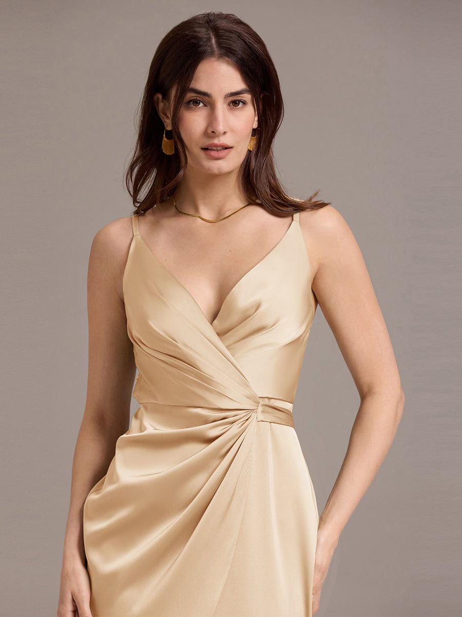 Satin V-Neck Spaghetti Straps Midi Wedding Guest Dress #color_Champagne