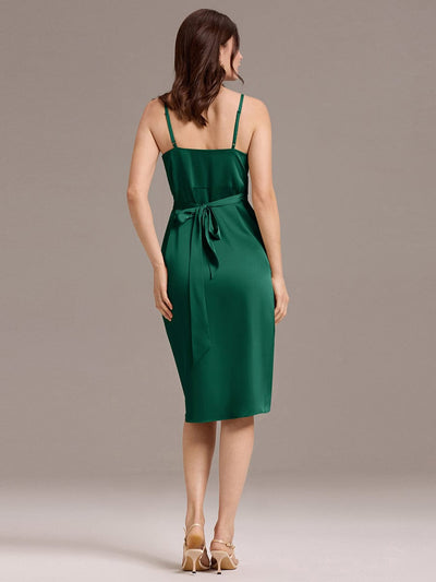 Satin V-Neck Spaghetti Straps Midi Wedding Guest Dress #color_Dark Green