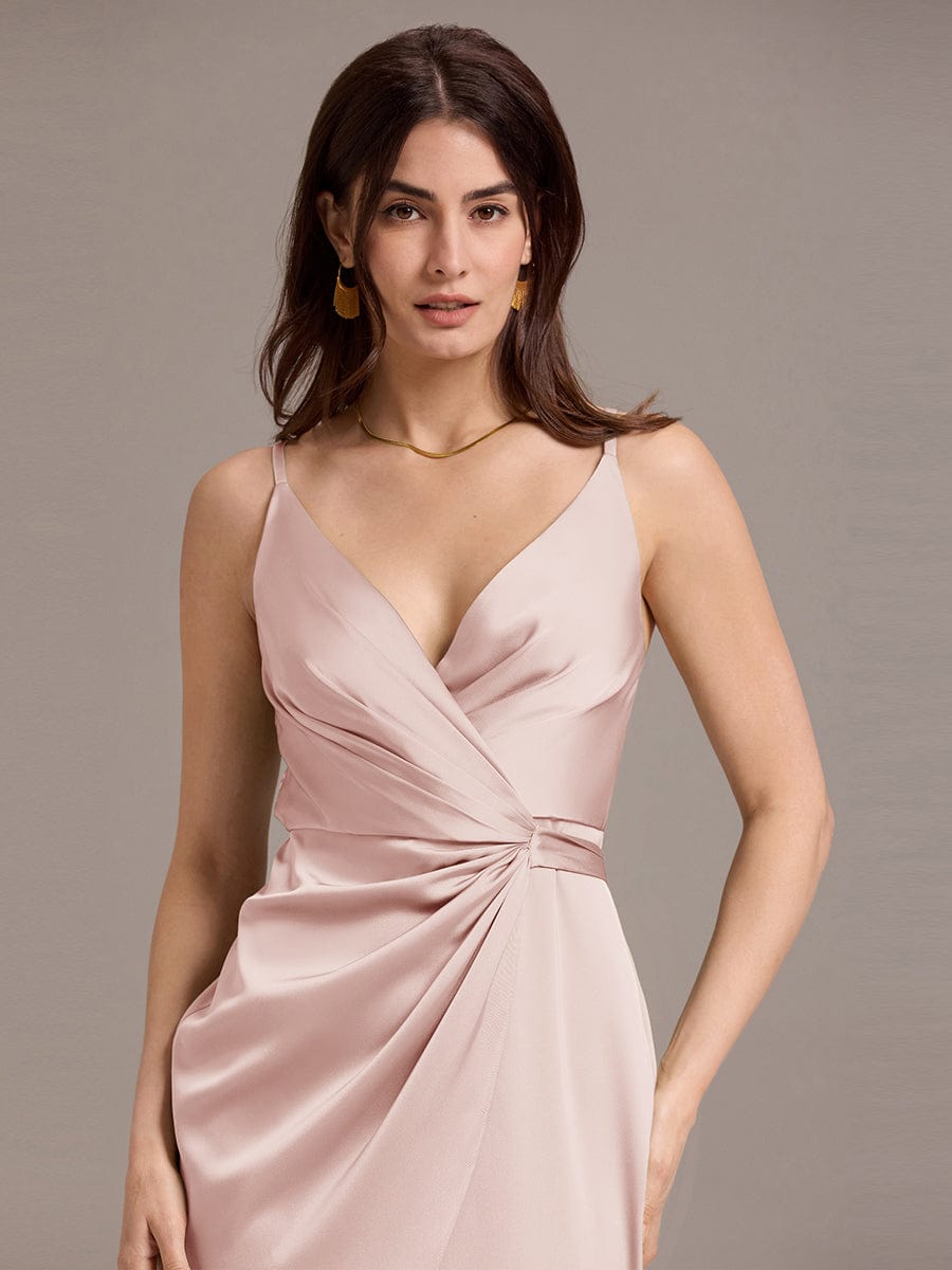 Satin V-Neck Spaghetti Straps Midi Wedding Guest Dress #color_Pink
