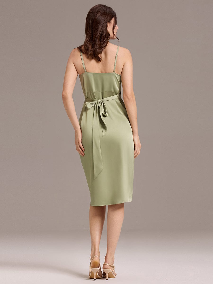 Satin V-Neck Spaghetti Straps Midi Wedding Guest Dress #color_Sage Green