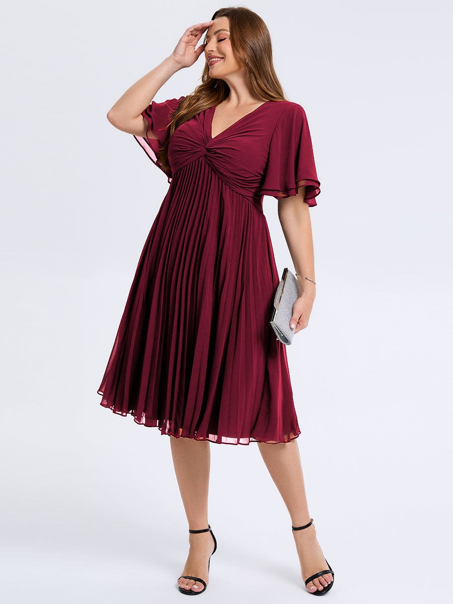 Plus Size Pleated Chiffon Wedding Guest Dress #color_Burgundy