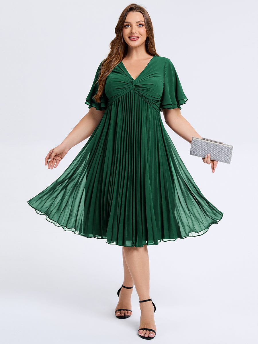 Plus Size Pleated Chiffon Wedding Guest Dress #color_Dark Green