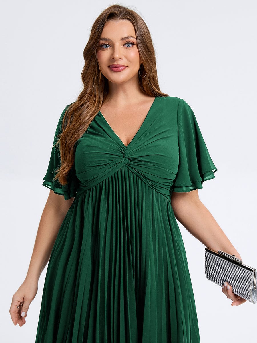 Plus Size Pleated Chiffon Wedding Guest Dress #color_Dark Green