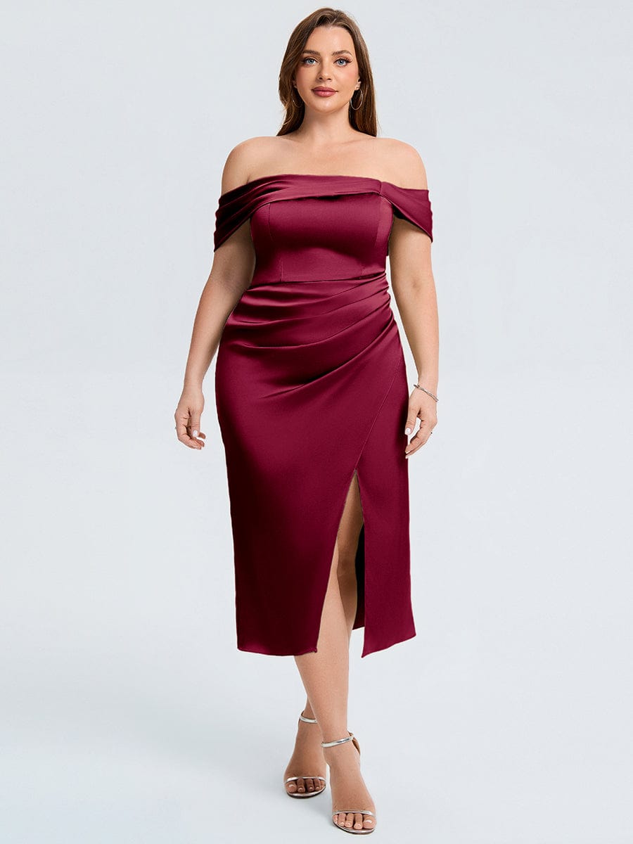 Plus Size Slit Satin Wedding Guest Dress #color_Burgundy