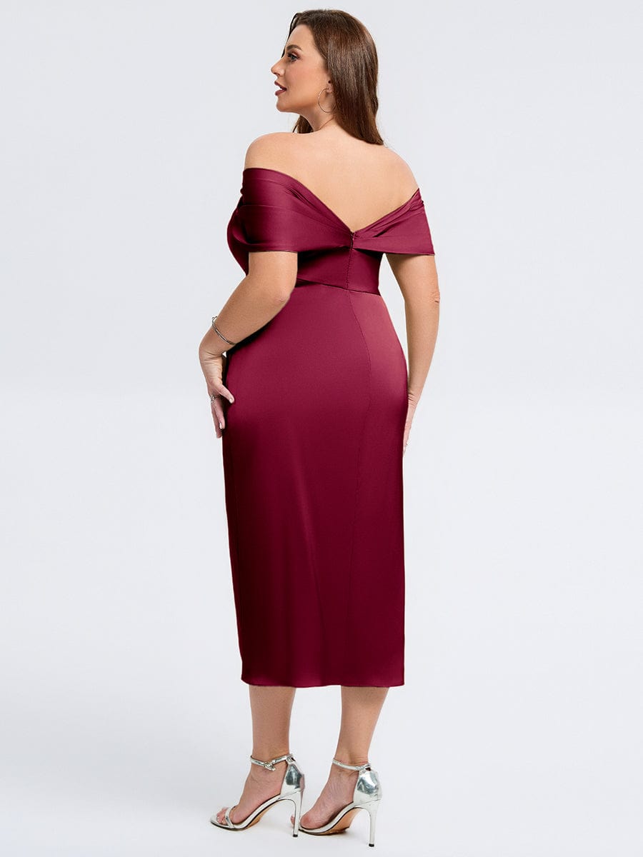 Plus Size Slit Satin Wedding Guest Dress #color_Burgundy