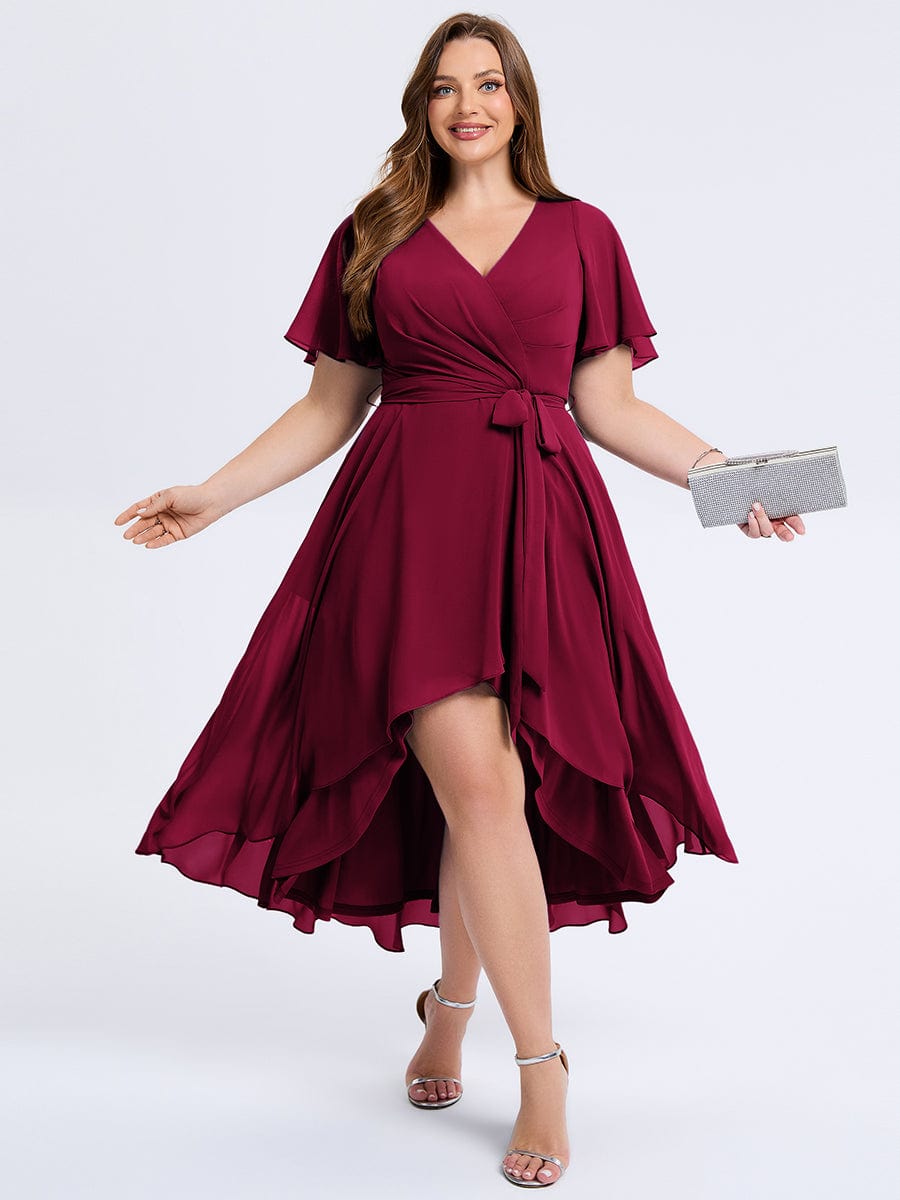 Plus Size Tie Knot Chiffon Wedding Guest Dress #color_Burgundy