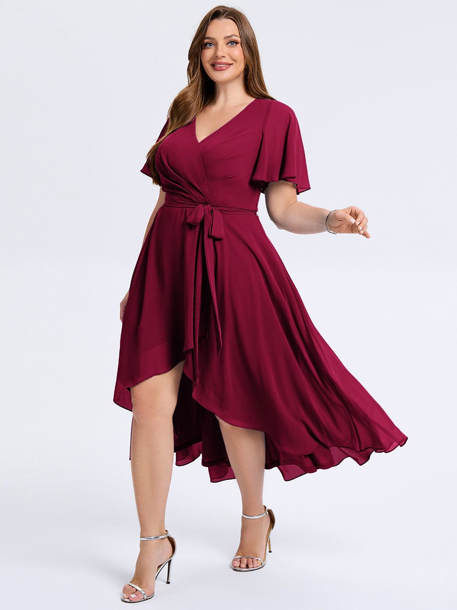 Plus Size Tie Knot Chiffon Wedding Guest Dress #color_Burgundy