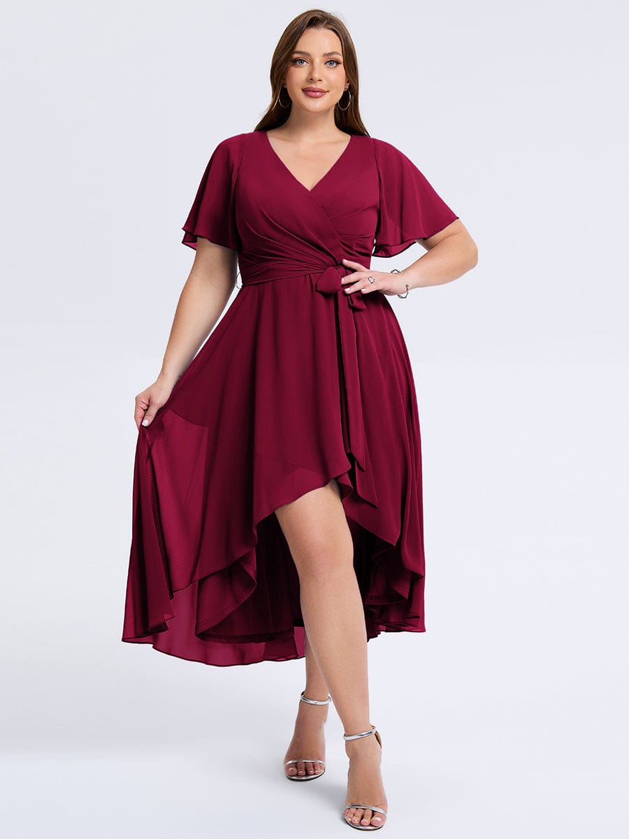 Plus Size Tie Knot Chiffon Wedding Guest Dress #color_Burgundy