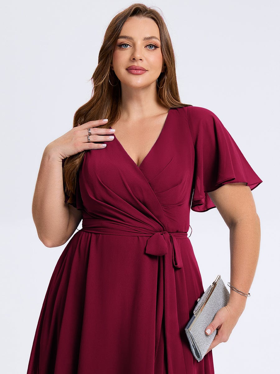 Plus Size Tie Knot Chiffon Wedding Guest Dress #color_Burgundy