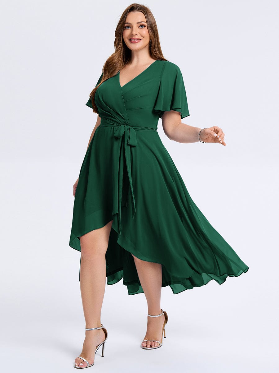 Plus Size Tie Knot Chiffon Wedding Guest Dress #color_Dark Green