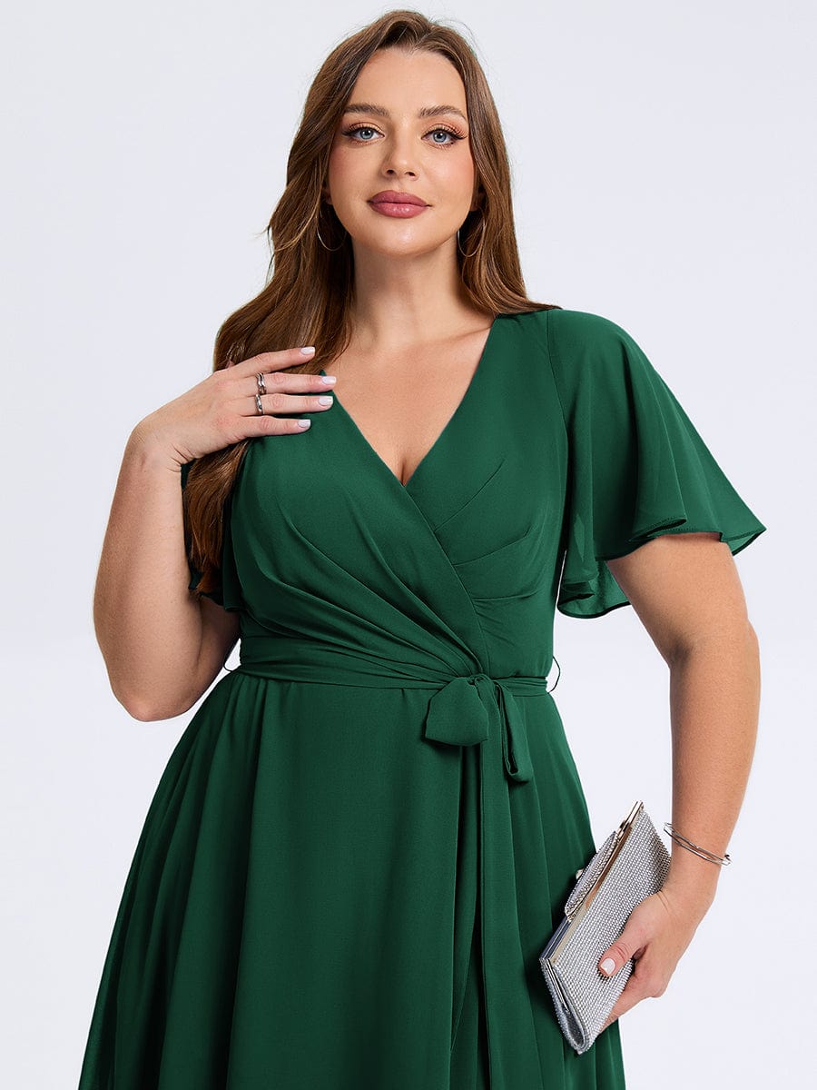Plus Size Tie Knot Chiffon Wedding Guest Dress #color_Dark Green