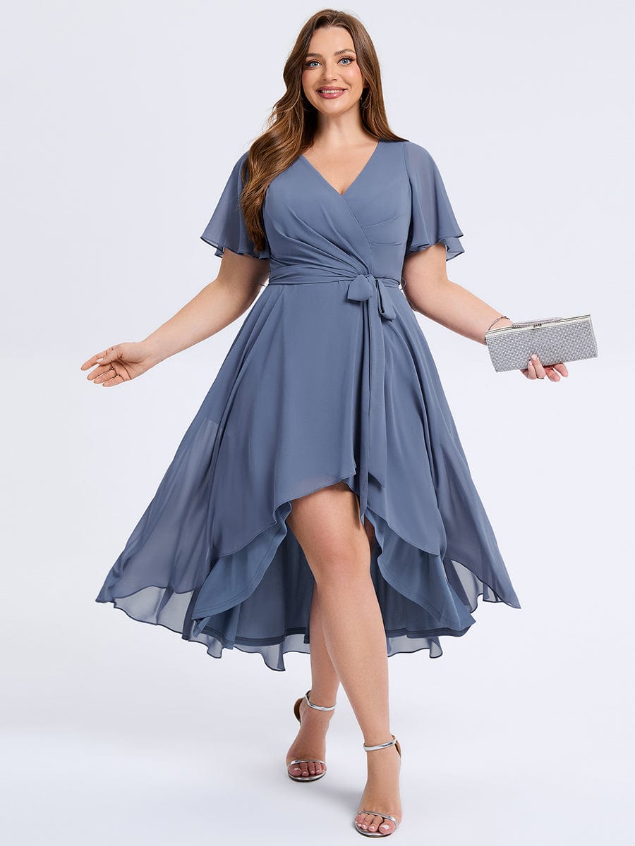 Plus Size Tie Knot Chiffon Wedding Guest Dress #color_Dusty Blue