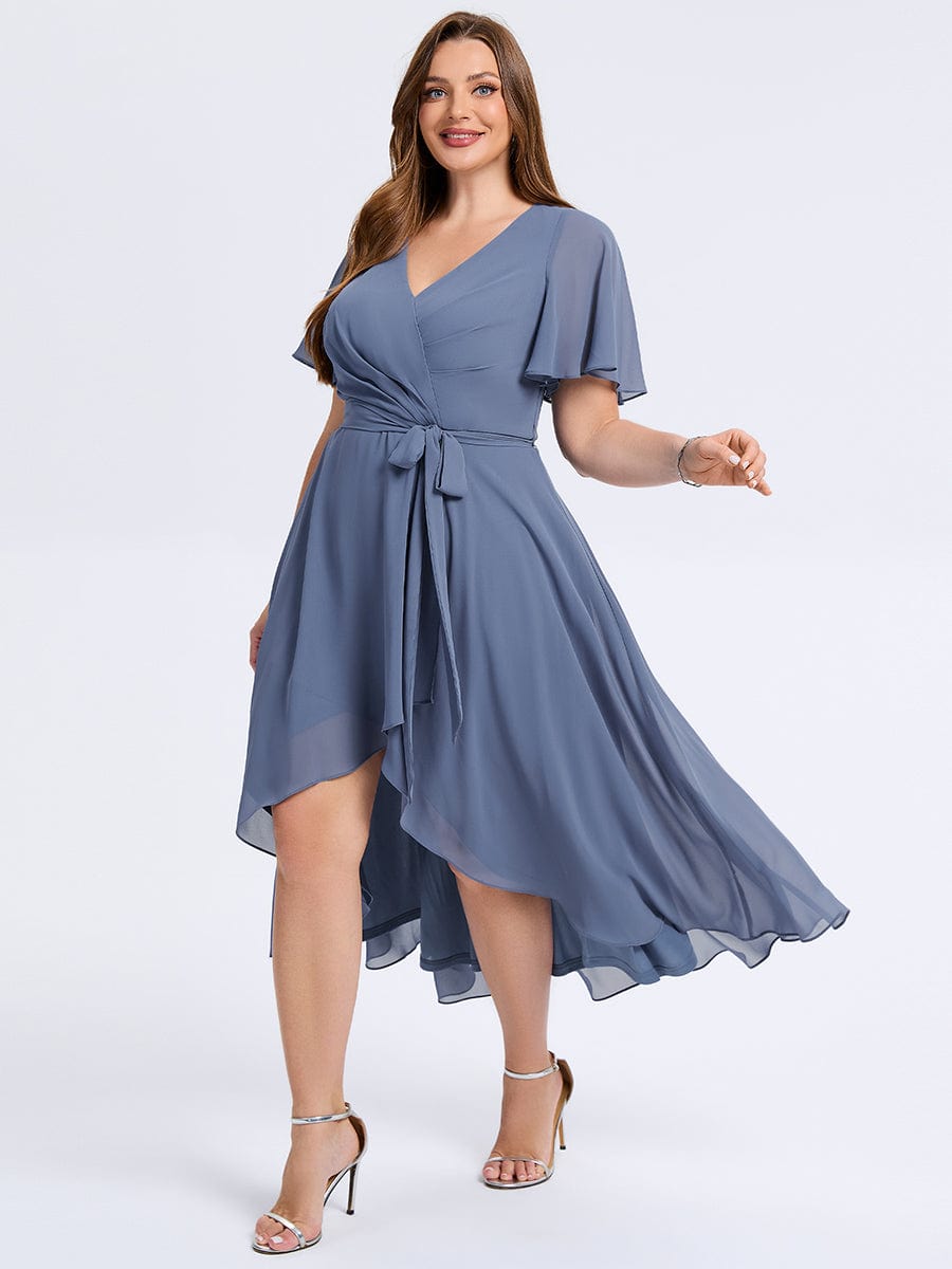 Plus Size Tie Knot Chiffon Wedding Guest Dress #color_Dusty Blue